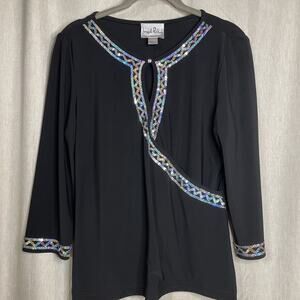 Joseph Ribhoff Top Size 12 - Black -3/4 Sleeve One Button - Colorful Sequins